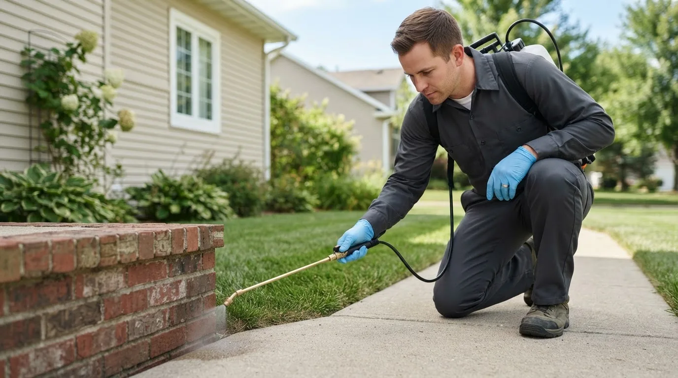 Pest control technician treating a home in Rhode Island